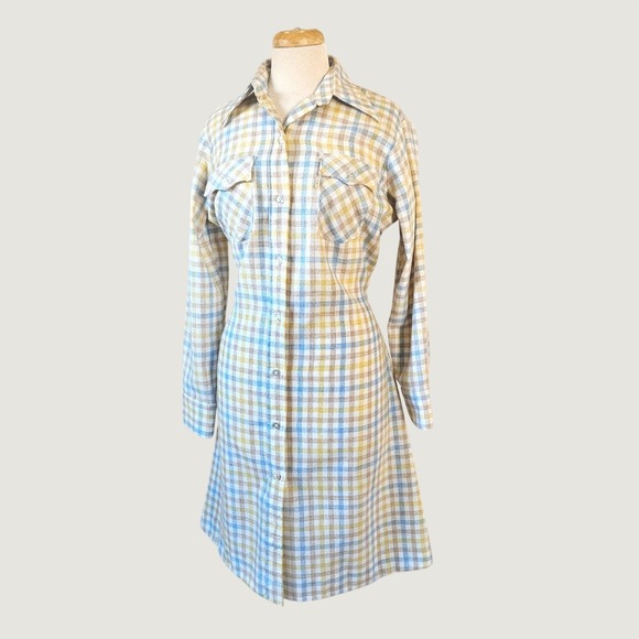 Levi's Dresses & Skirts - Vtg 70s LEVI'S Plaid Yellow Blue Button Front Belted Shirt Dress Midi 13/14 M/L
